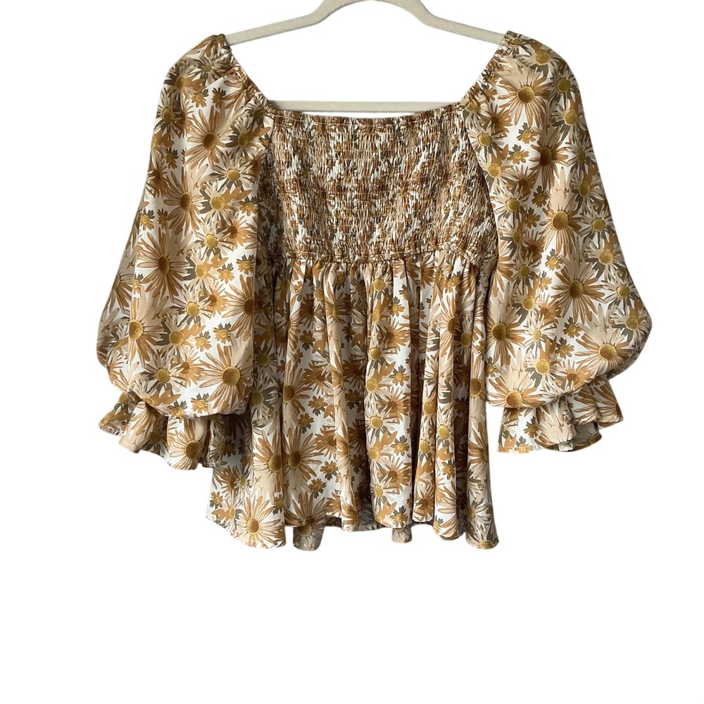 Entro Mustard Yellow Daisy Floral Smocked Back Puff Sleeve Babydoll Top Small - Picture 2 of 10